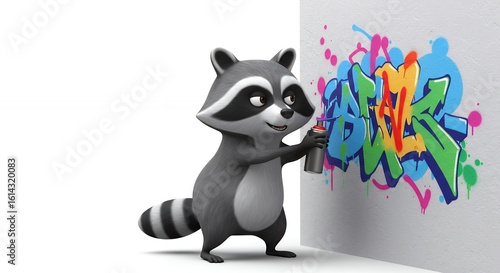 Cartoon raccoon spraying graffiti on wall