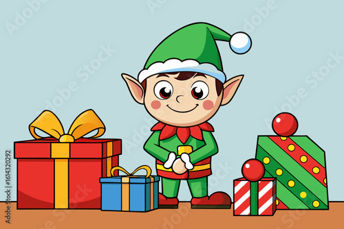 Vector cute elf wrapping Christmas gifts