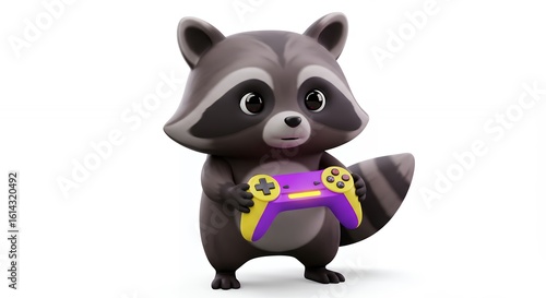 Cute cartoon raccoon playing video games