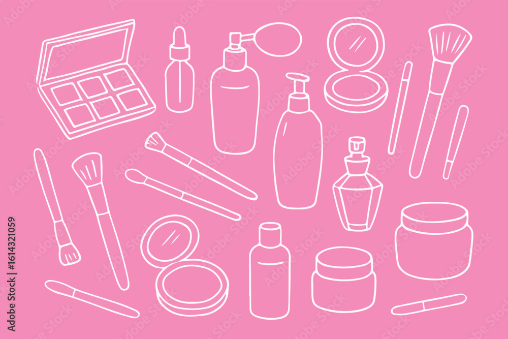 Cosmetic products in pastel pink, featuring brushes, bottles, lipsticks, compact powder, skincare items, and palettes, perfect for beauty enthusiasts and makeup lovers Cosmetic products in pastel pink, featuring brushes, bottles, lipsticks, compact powder, skincare items, and palettes, perfect for beauty enthusiasts and makeup lovers