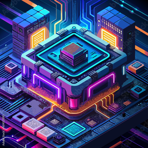 Futuristic digital circuit board with glowing neon lights and central processor unit