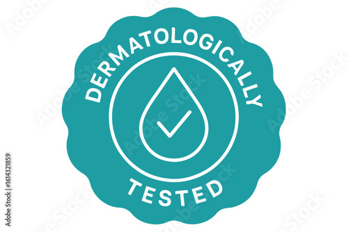 Certified dermatologically tested logo with a water drop and check mark, symbolizing skin safe and tested cosmetic products for facial makeup skincare Background