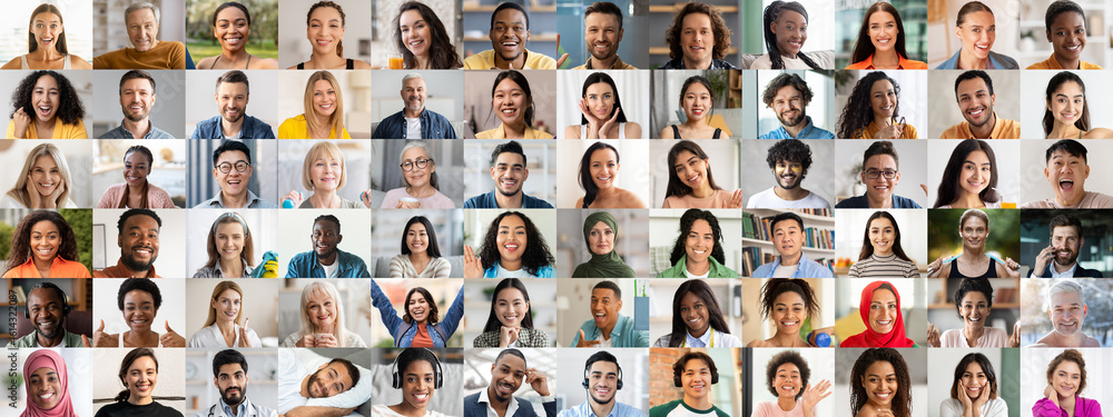 Fototapeta premium A vibrant collection of diverse individuals smiling and sharing joy. This portrait showcases multiracial faces, highlighting happiness and connection in a lively atmosphere.