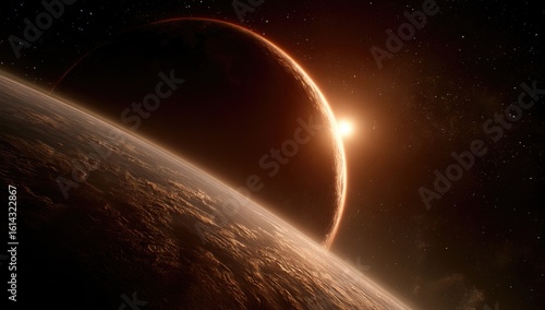 Sunrise over a planet from space.  Earthlike planet with clouds,  glowing sunrise