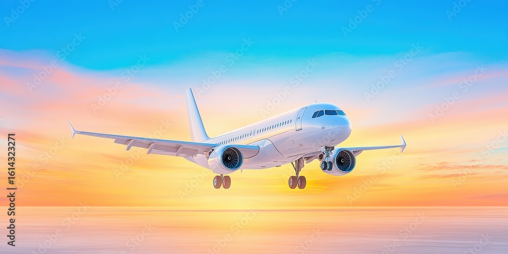 Obraz premium Airplane flight at sunset in sky. Aircraft in aviation above clouds. Journey and travel scene, transportation concept, modern sky background, commercial and passenger trip, beautiful scenic exterior.