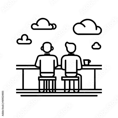 Two people sitting at a bar with clouds in the background in a minimalist line art style illustration