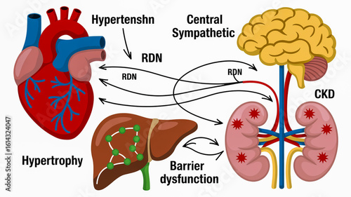 Medical diagram illustrating hypertension effects on heart brain and kidneys with R D N pathways kidney disease