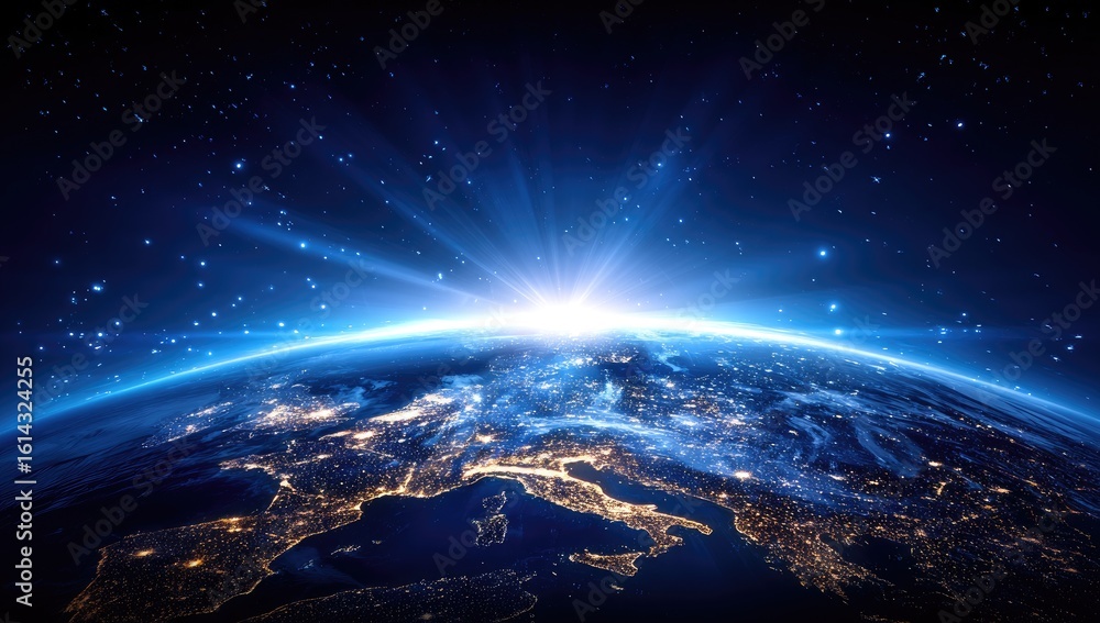 Fototapeta premium Earth at dawn, seen from space. City lights illuminate Europe