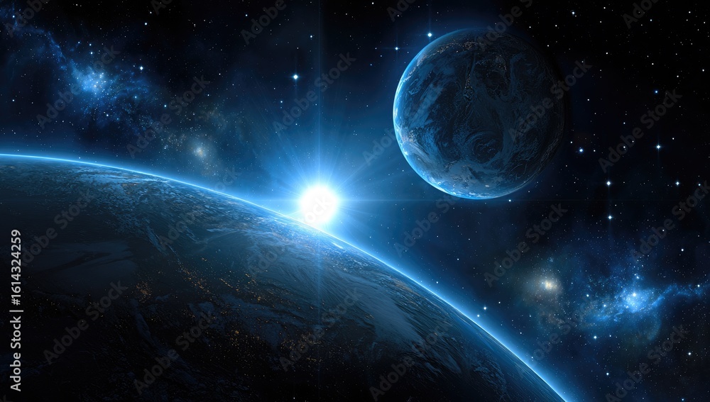 Obraz premium Space sunrise over Earth and a distant planet