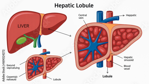 Medical diagram of liver hepatic lobule structure with central vein and blood vessels anatomy