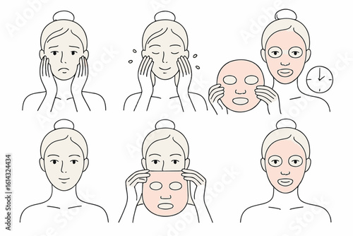 Step by step guide for facial mask application, including face cleaning, skin treatment process for a rejuvenating skincare experience, perfect for facial makeup skincare cosmetics