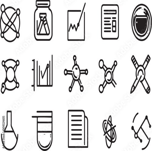 Collection of science and data related icons including graphs molecules and laboratory equipment displayed