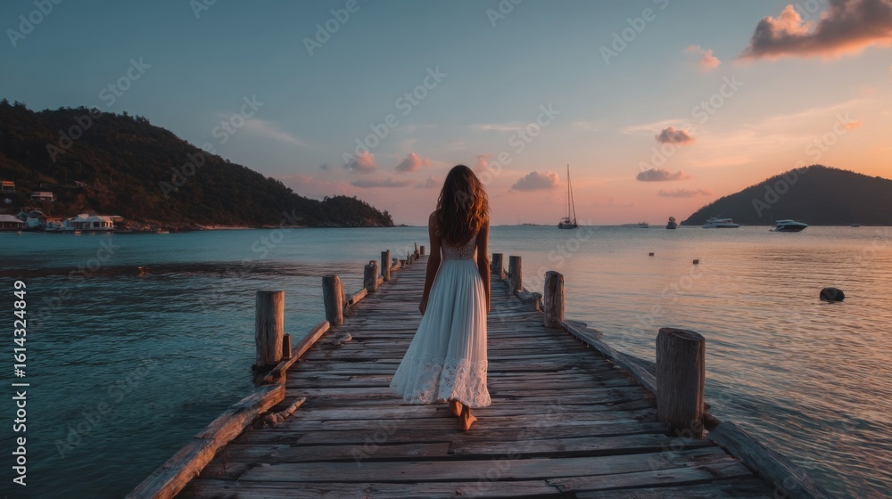 Woman in White Dress Walking on Wooden Pier at Sunset Woman in White Dress Walking on Wooden Pier at Sunset