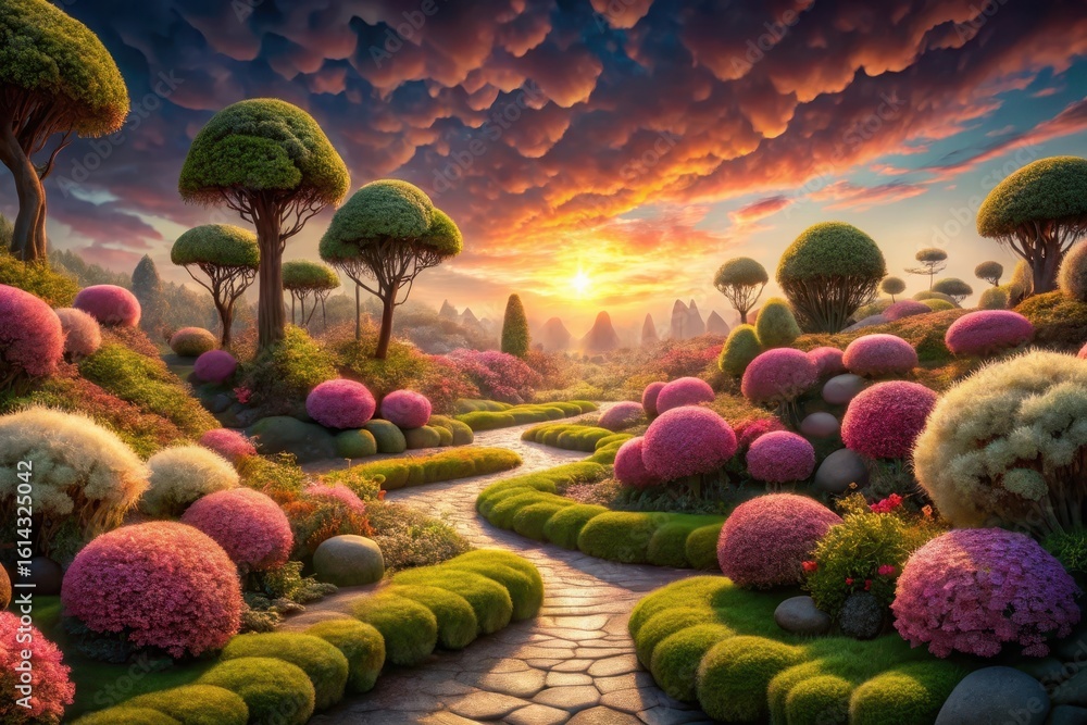 Fototapeta premium Serene Sunset Vista A Winding Stone Path Meanders Through a Lush, Vibrant Garden Filled with Ornamental Shrubs and Trees, Bathed in the Golden Hues of a Dramatic Sky