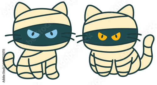 Two cute cats dressed as mummies with bandages and glowing eyes, perfect for halloween decorations and themed parties