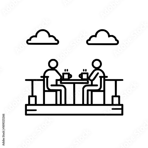 Two people sitting at a table on a balcony with clouds in the sky enjoying coffee together outside icon