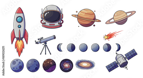 Illustration showing a rocket, astronaut helmet, planets, telescope, moon phases, galaxies and a satellite