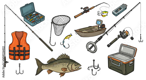 Illustration displaying an assortment of fishing equipment including rods, hooks, and a fish cooler