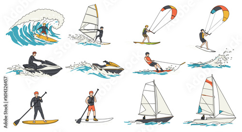 Illustration showcasing various water sports activities including surfing, sailing, and jet skiing scenes