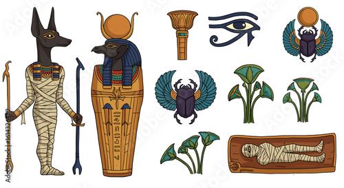 Illustration showing egyptian symbols including anubis, sarcophagus, eye of horus and scarabs