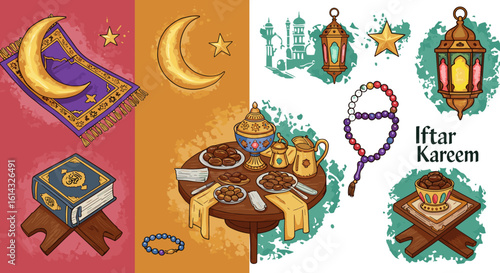Illustration showing iftar kareem with prayer mat, quran, dates, lanterns, and prayer beads elements