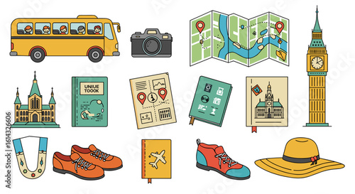 Collection of travel themed icons including a bus, camera, maps, books, shoes, and famous landmarks
