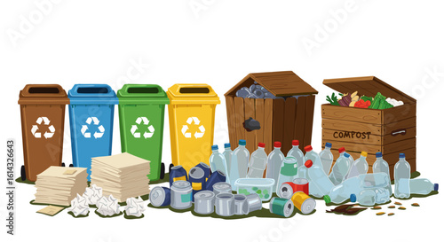 Illustration showcasing recycling bins and compost bins with various recyclable materials around them