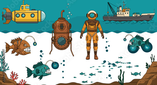 Illustration of underwater scene with submarine, diver, anglerfish, and a ship on the surface water