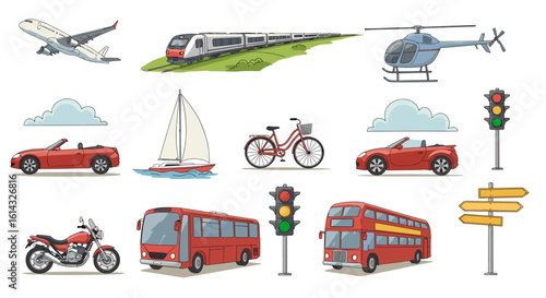 Illustration showcasing various modes of transportation including airplane, train, car, and other vehicles