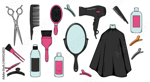 Illustration of various hairdressing tools including scissors comb hairbrush hairdryer and cape on white backdrop