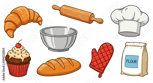 Illustration of baking elements including croissant, rolling pin, bowl, cupcake, bread and flour bag
