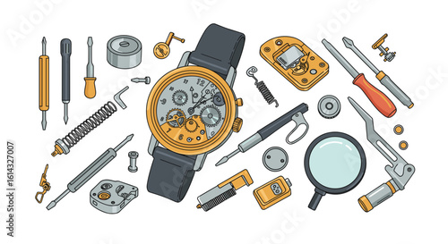 An illustration of a disassembled wristwatch with gears and various tools scattered around it on white