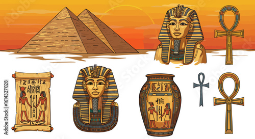 Illustration showing egyptian pyramids, pharaoh masks, scroll, vase and ankh symbols against sunset