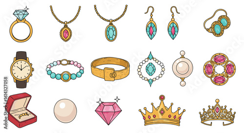 Illustration of various jewelry items including rings necklaces earrings bracelets and crowns on white background