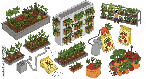 Isometric illustration of a person tending to various vegetable gardens and vertical planting systems indoors