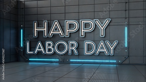 Happy labor day neon sign in a futuristic setting