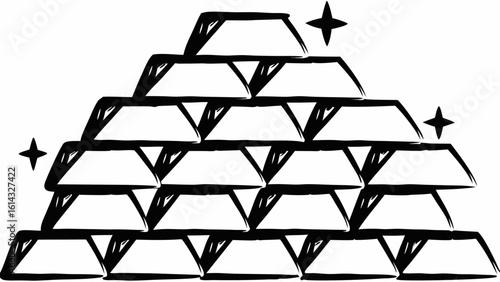 Illustration of a stack of gold bars arranged in a pyramid shape with stars around the gold bars silhouette