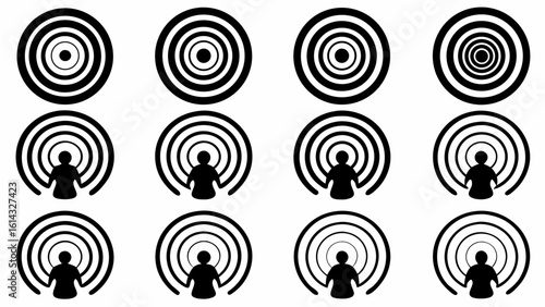 Illustration showing multiple concentric circles and figures representing podcast or broadcast signals, black and white silhouette