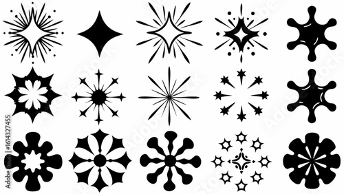 Collection of fifteen black and white starburst and snowflake designs in a graphic illustration style silhouette