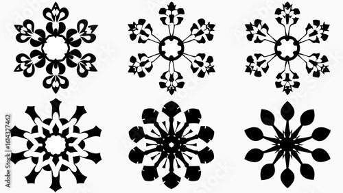 A collection of six black and white snowflake designs arranged in a two by three grid pattern format image silhouette
