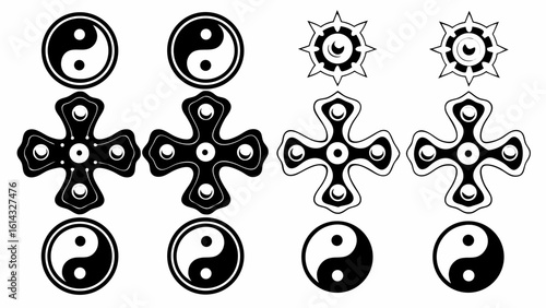Illustration of yin yang symbols, cross shapes and gear like designs in black and white color scheme art silhouette