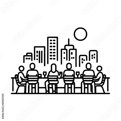 People dining at a long table with wine glasses against a city skyline and a moon in a simple line art
