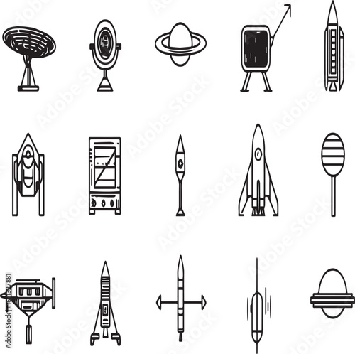 Line art illustrations of space exploration elements on a white background in a minimalist style