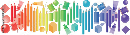 Colorful Array of Art Supplies in a Gradient Arrangement, 3D Render