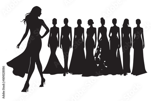 Fashion Runway Finale with Silhouette of Models in Elegant Dresses, High Fashion Poses, Glamorous Night Out, Female Figures in Various Gowns, facial makeup skincare cosmetics Background