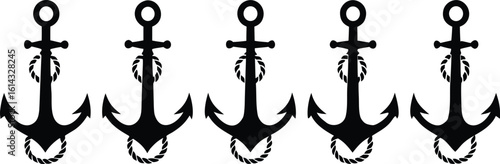 Five black nautical anchors arranged in a horizontal line.