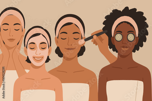 Relaxing Spa Skincare Rituals Women Receiving Facial Treatments with Masks, Hot Stones, and Brush Application, Serene Self Care Moments, facial makeup skincare cosmetics Background