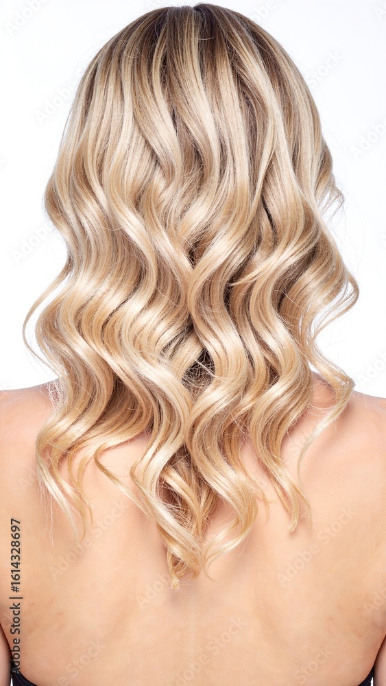 Fototapeta premium A woman with flowing blonde hair styled in long, elegant wavy curls, radiating confidence and grace, stands against a soft, neutral background.