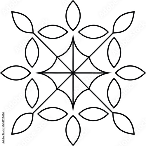 Geometric snowflake design with symmetrical petal shapes and intersecting lines.