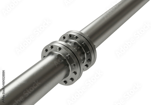 A shiny metal pipe with bolted flanges, isolated on transparent background, showcasing industrial plumbing and engineering components
